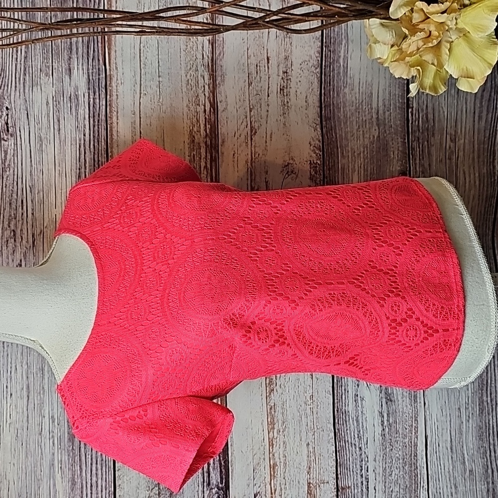 NEW TACERA BRIGHT SALMON LINED LACE SHORT SLEEVE ZIP-UP TOP